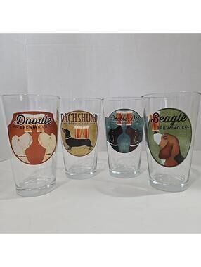 Set of 4 Pier 1 Imports Dogs Dachshund Doodle Beagle Brewing Co Beer Glasses